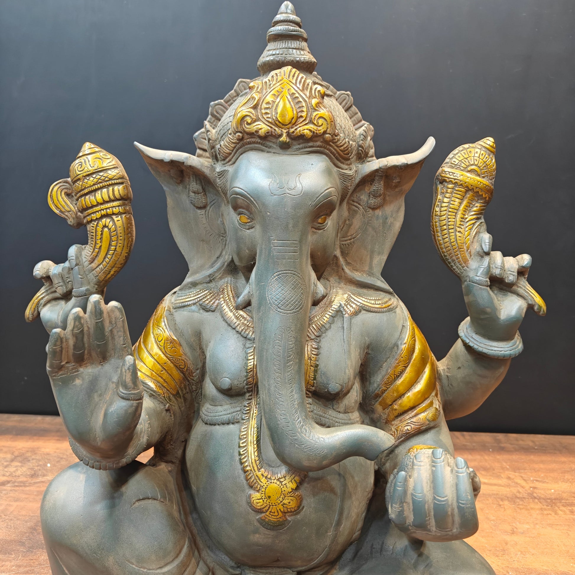 Brass Ganpati Idol In Antique Gold Finish 21 inches - Image 2