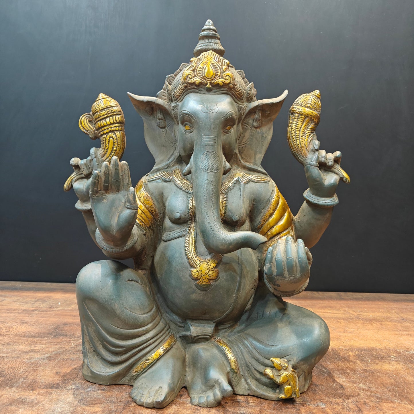 Brass Ganpati Idol In Antique Gold Finish 21 inches