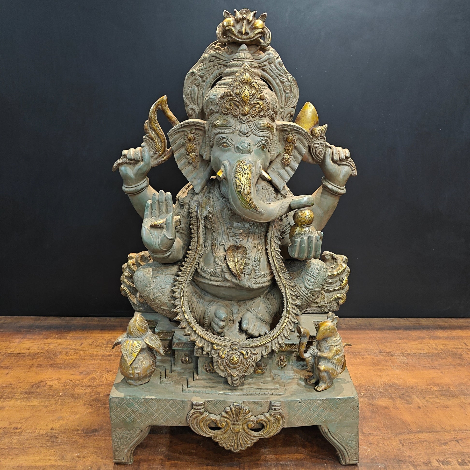 Vintage Brass Large Ganesha Statue Antique Chola Finish 35 Inch - Image 3