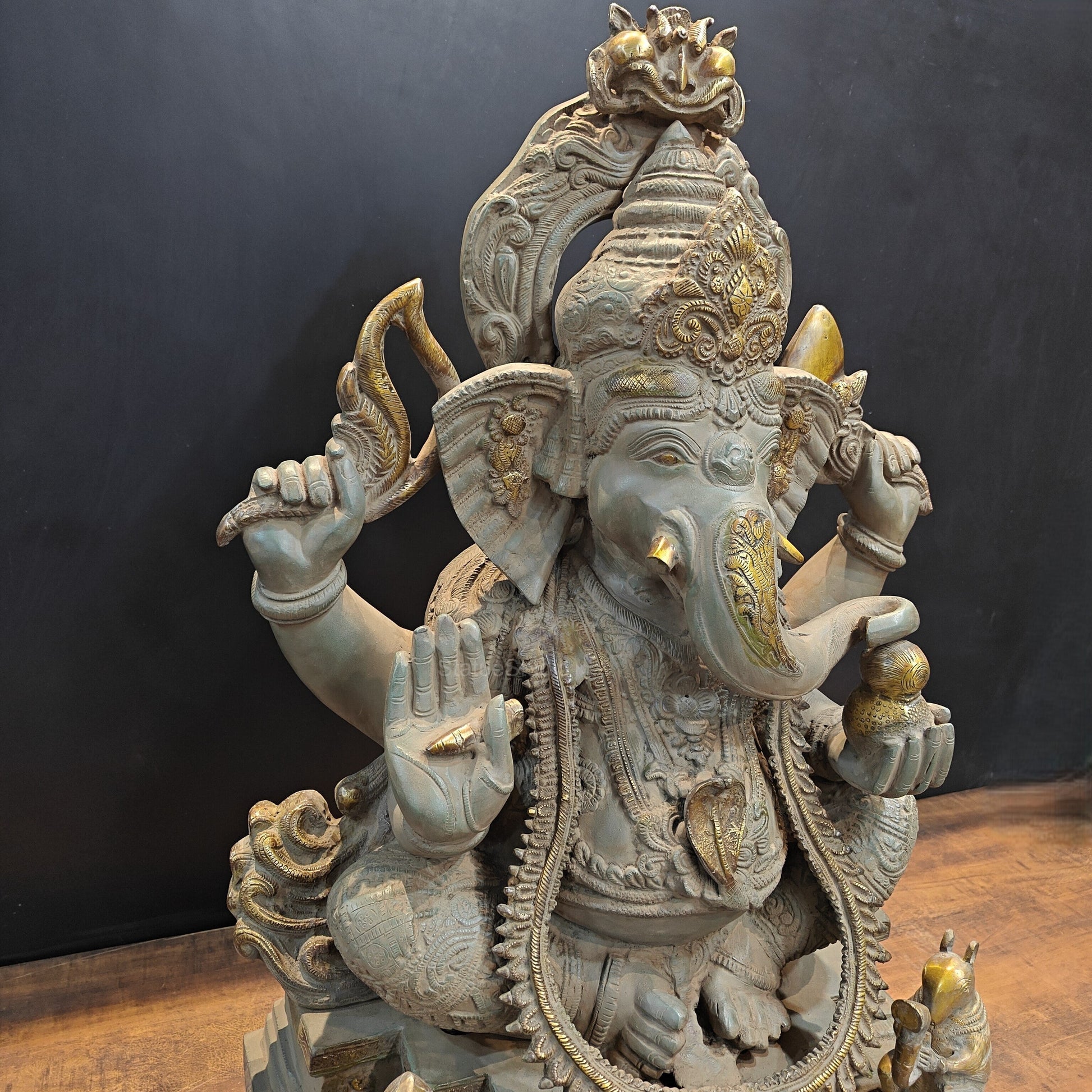 Vintage Brass Large Ganesha Statue Antique Chola Finish 35 Inch - Image 6