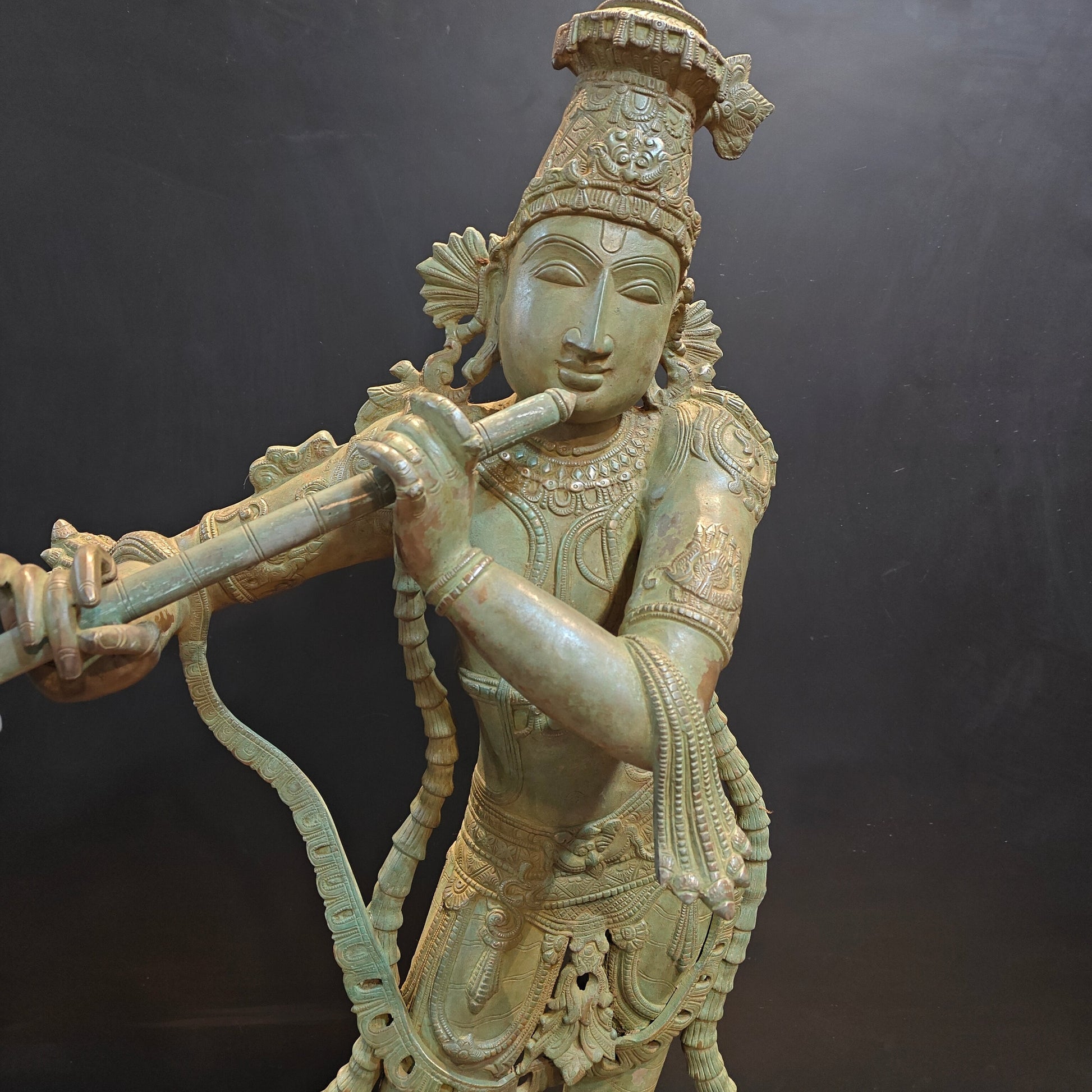 Brass Krishna Idol Antique Finish 45 Inches - Image 2