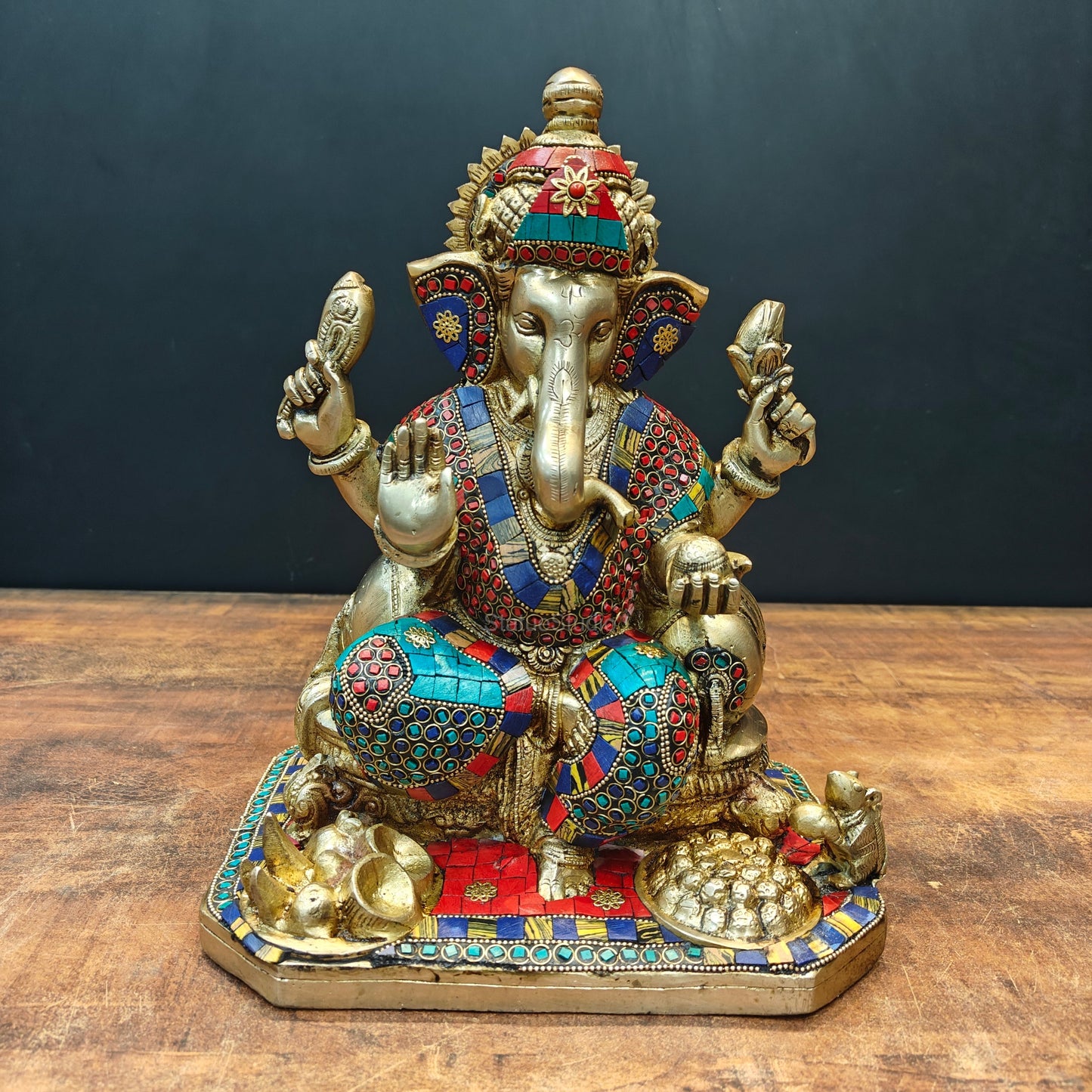 Brass Ganesha Statue With Stone Work 13 Inches