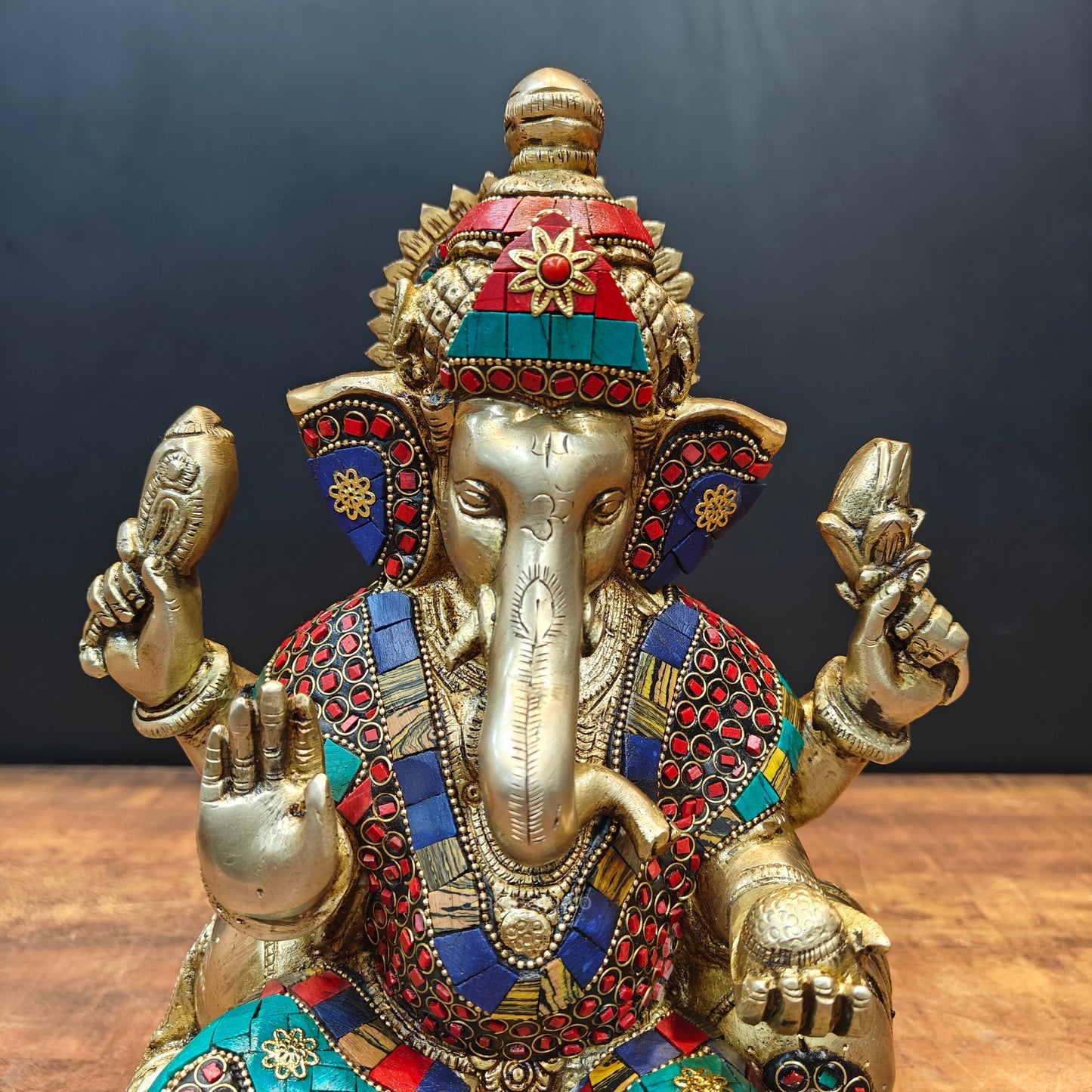 Brass Ganesha Statue With Stone Work 13 Inches