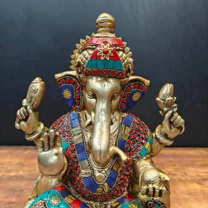 Brass Ganesha Statue With Stone Work 13 Inches by vendor-unknown - Hindu Gods (View 2)