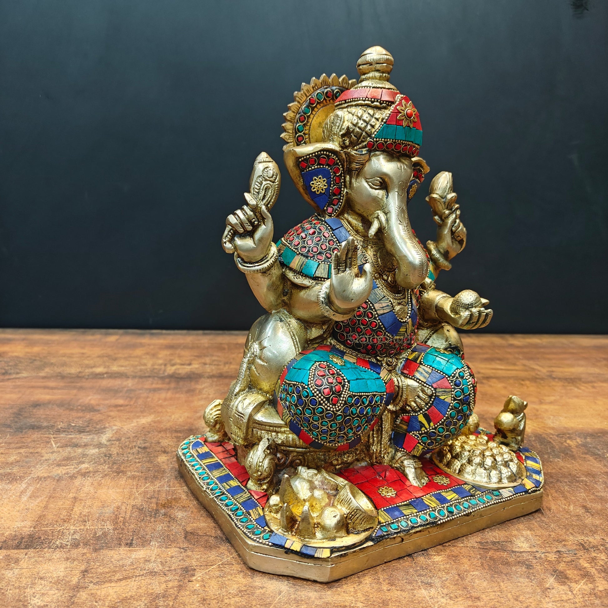 Brass Ganesha Statue With Stone Work 13 Inches - Image 4