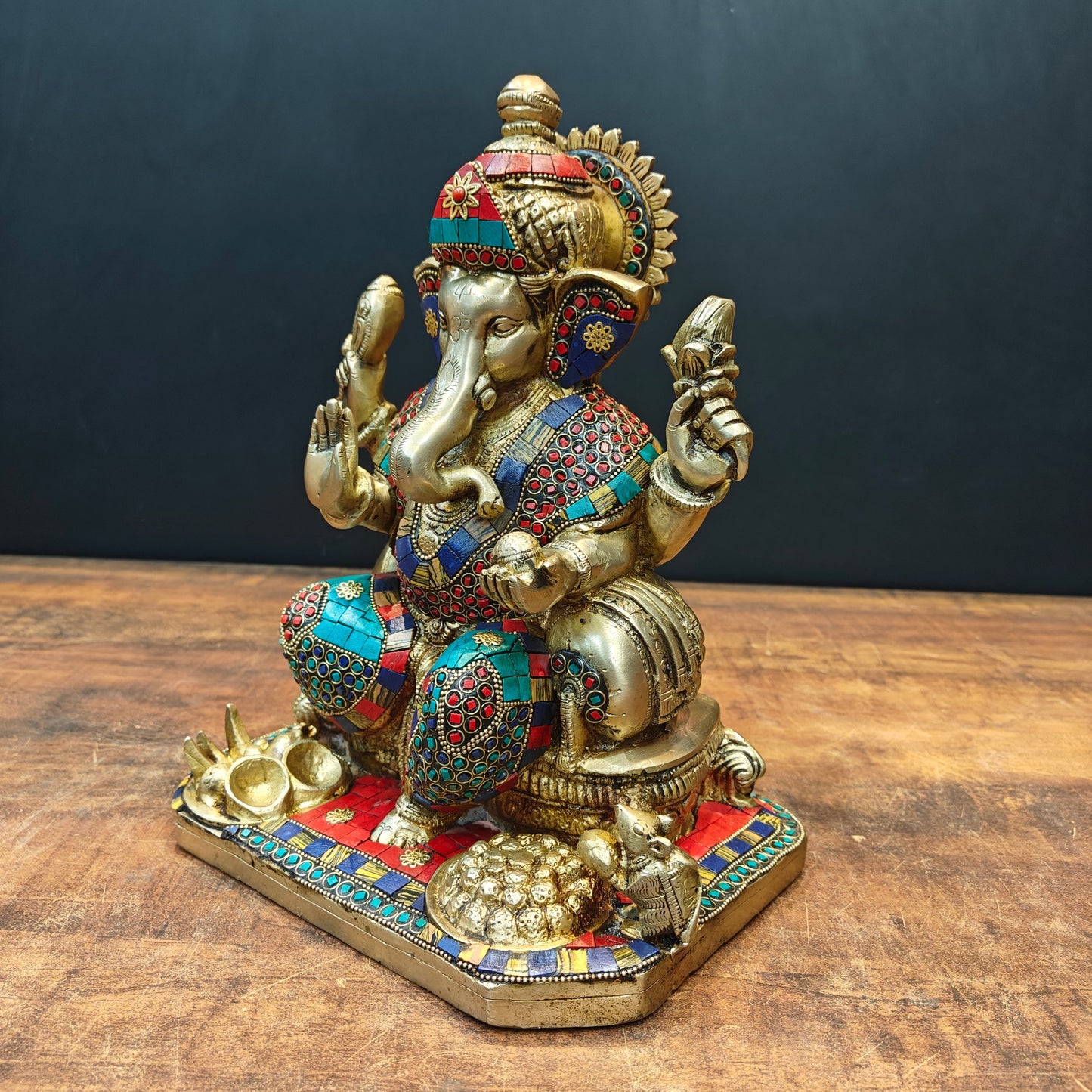 Brass Ganesha Statue With Stone Work 13 Inches