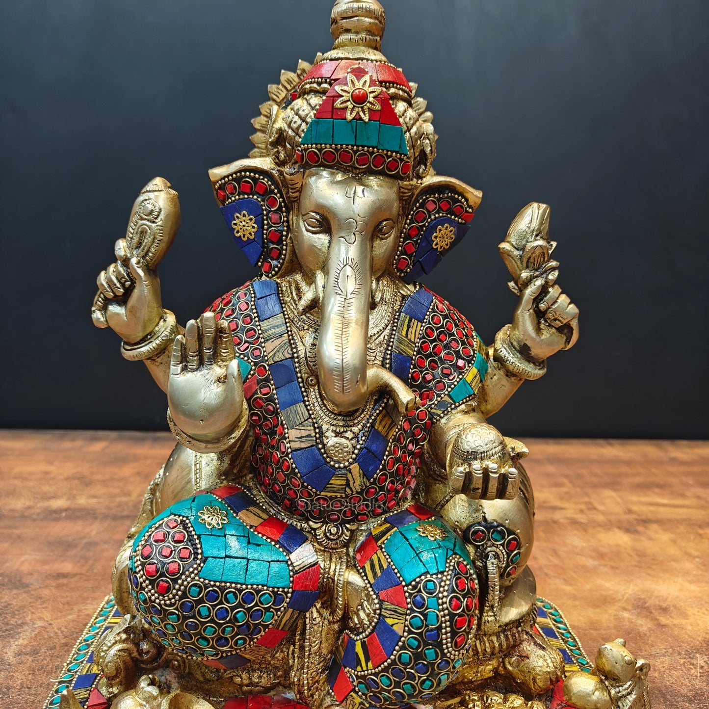Brass Ganesha Statue With Stone Work 13 Inches