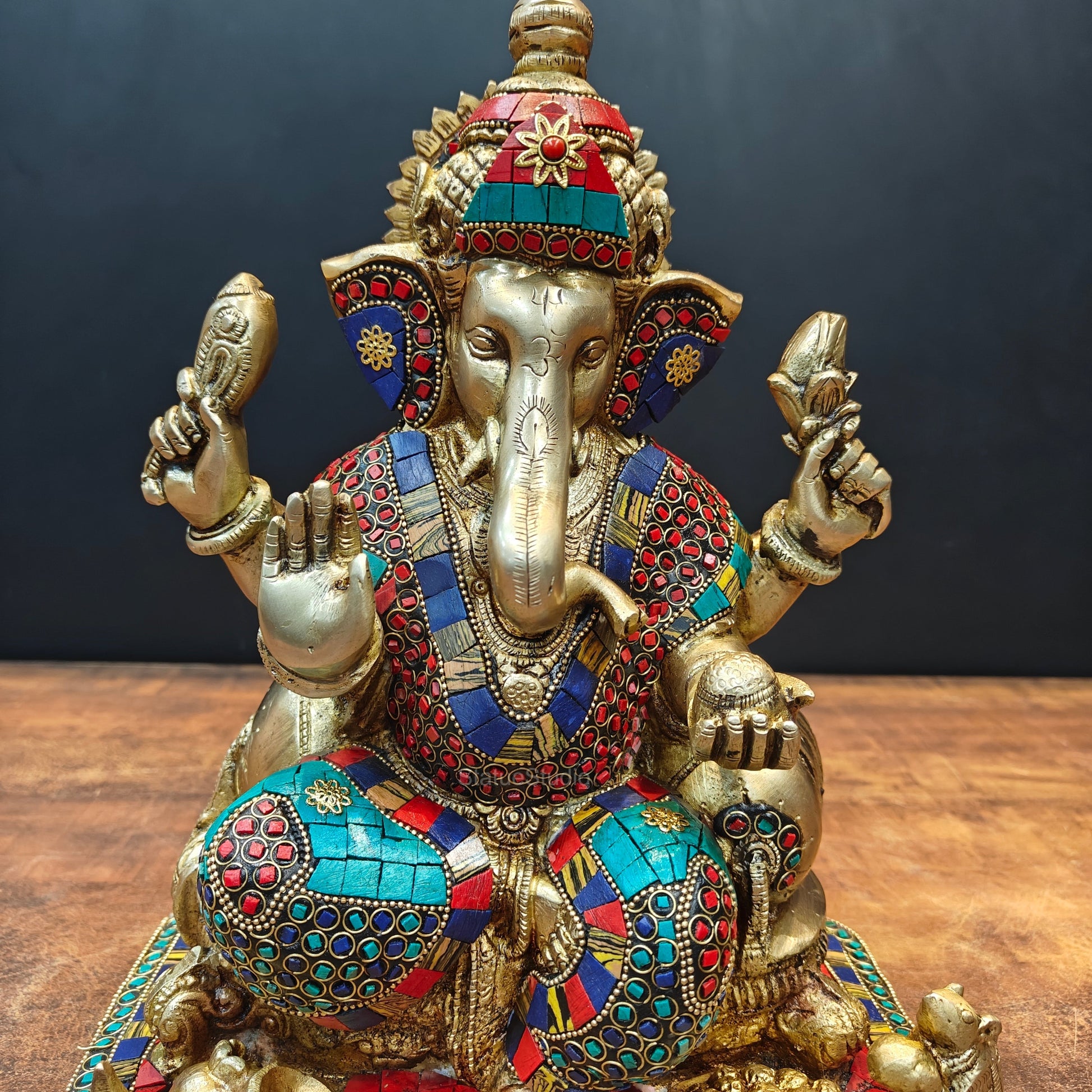 Brass Ganesha Statue With Stone Work 13 Inches - Image 6