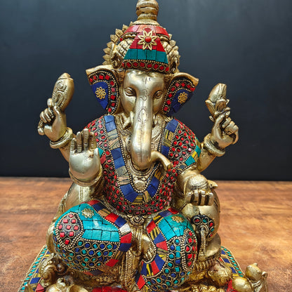 Brass Ganesha Statue With Stone Work 13 Inches by vendor-unknown - Hindu Gods (View 6)