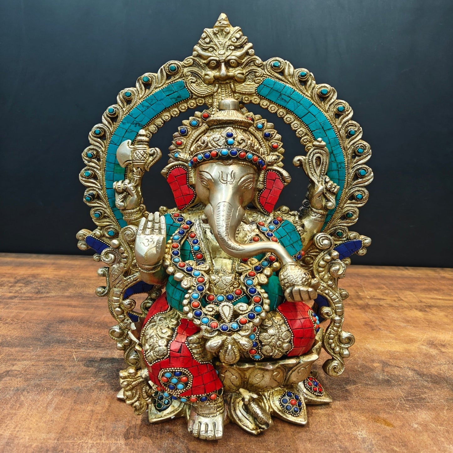 Brass Ganesha Idol Sitting On Lotus Base With Stone Work 16 Inch