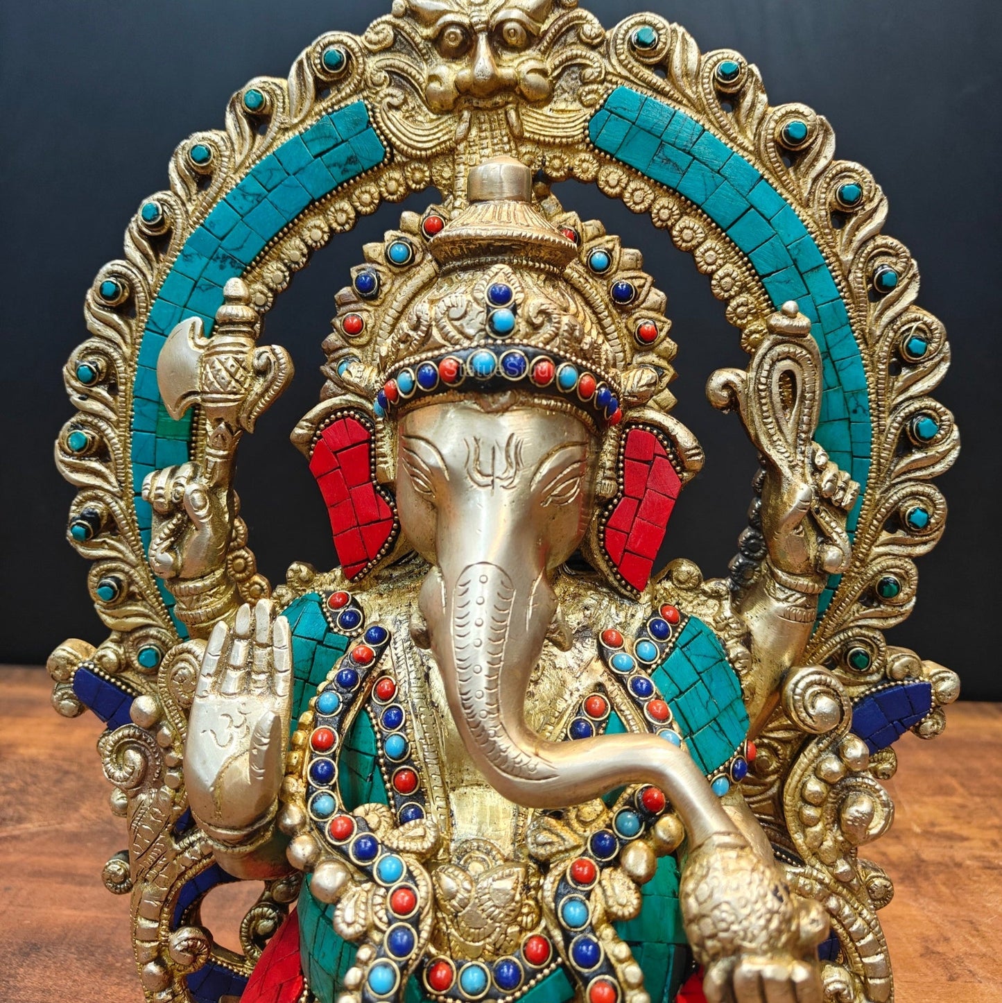 Brass Ganesha Idol Sitting On Lotus Base With Stone Work 16 Inch