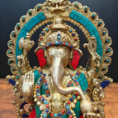 Brass Ganesha Idol Sitting On Lotus Base With Stone Work 16 Inch by vendor-unknown - Hindu Gods (View 2)
