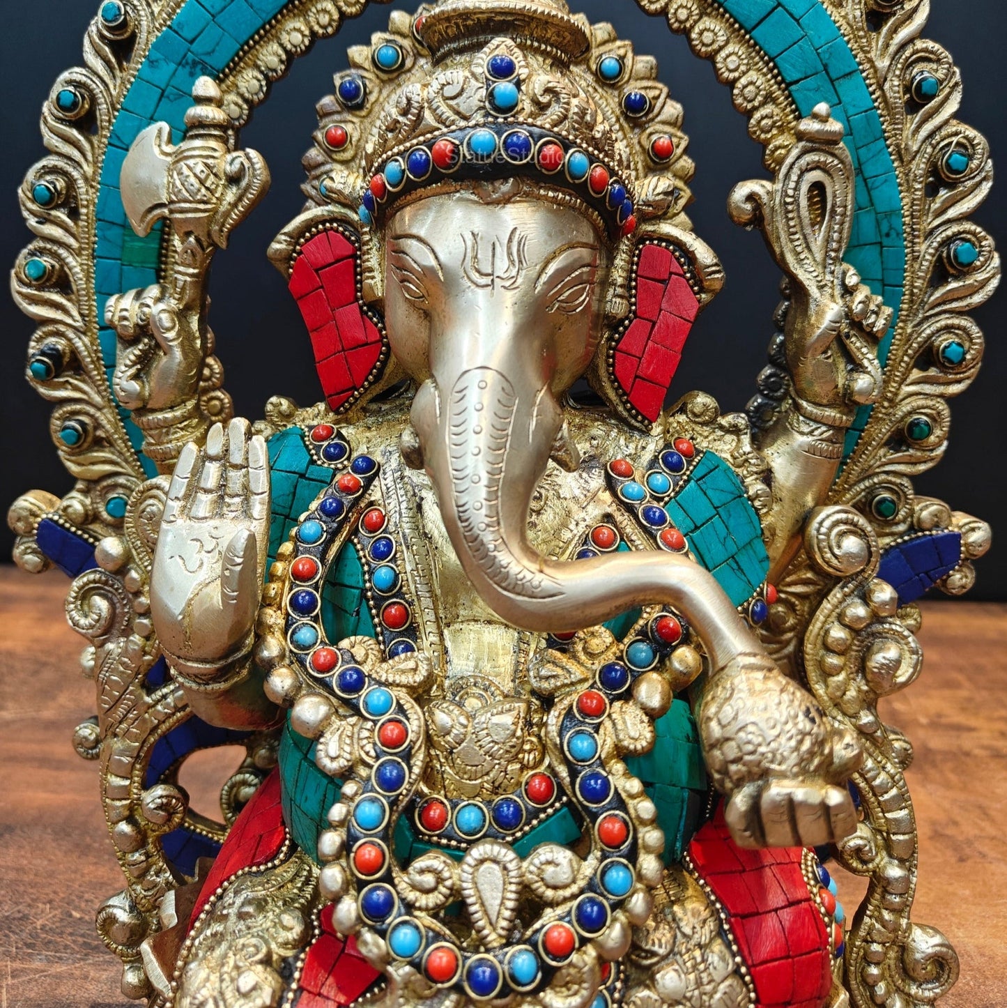 Brass Ganesha Idol Sitting On Lotus Base With Stone Work 16 Inch