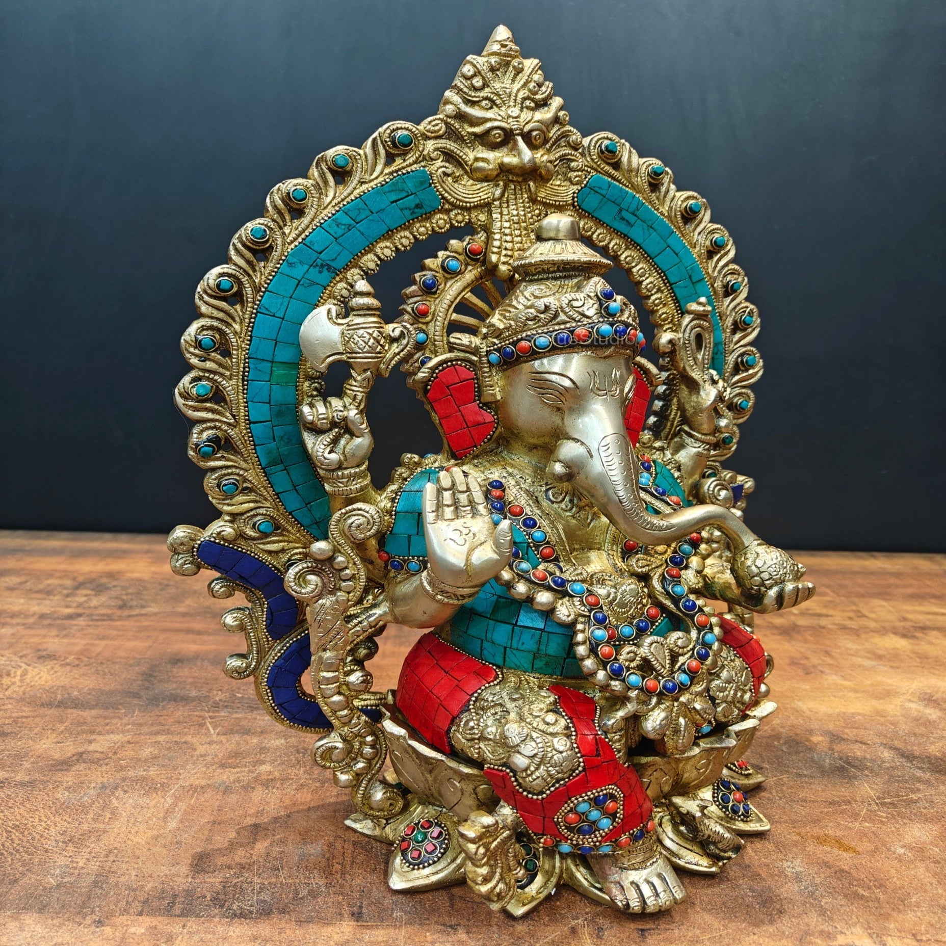 Brass Ganesha Idol Sitting On Lotus Base With Stone Work 16 Inch - Image 5