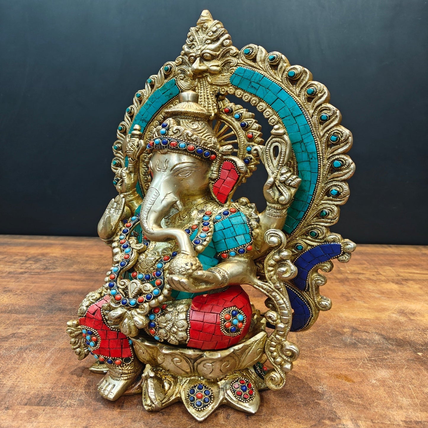 Brass Ganesha Idol Sitting On Lotus Base With Stone Work 16 Inch