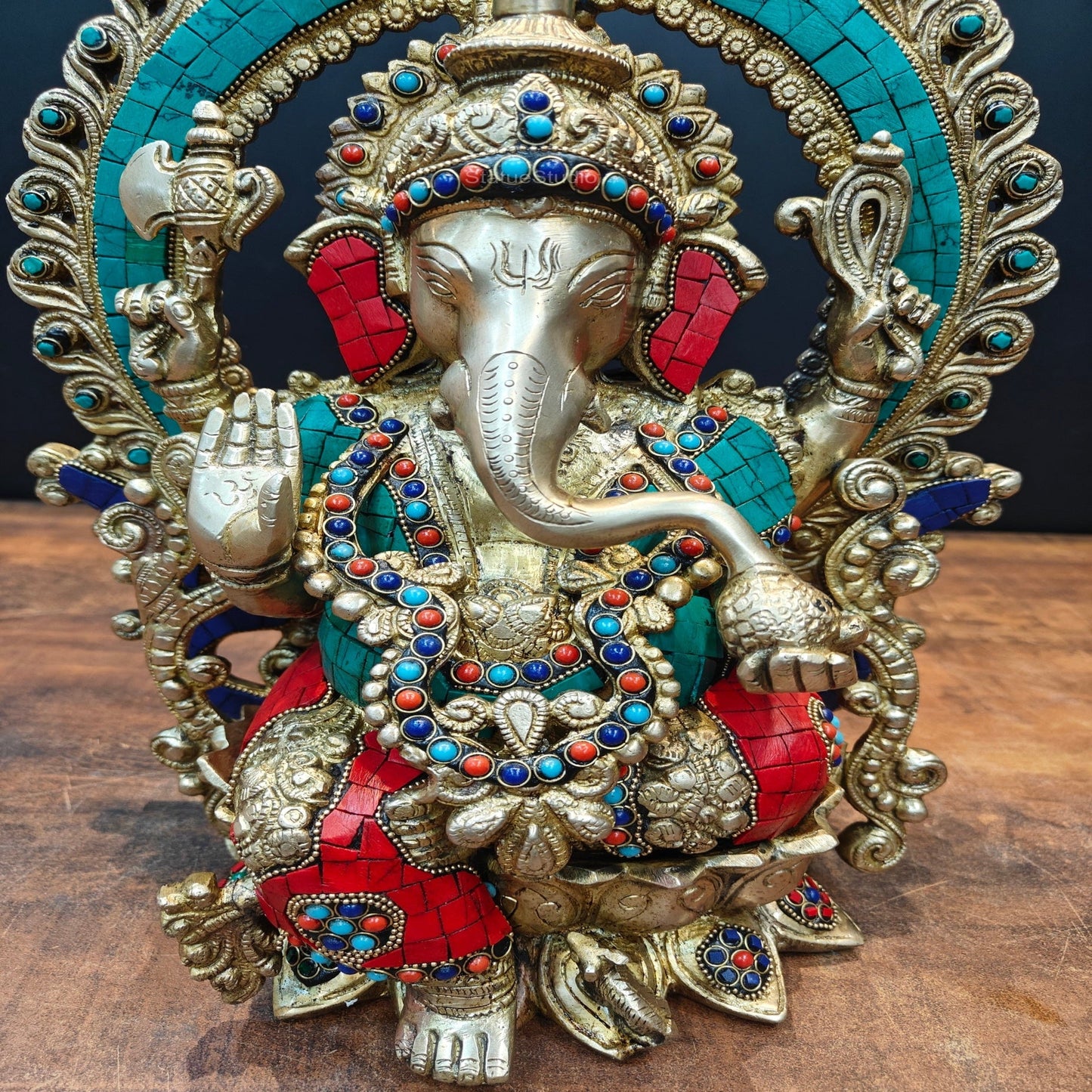 Brass Ganesha Idol Sitting On Lotus Base With Stone Work 16 Inch
