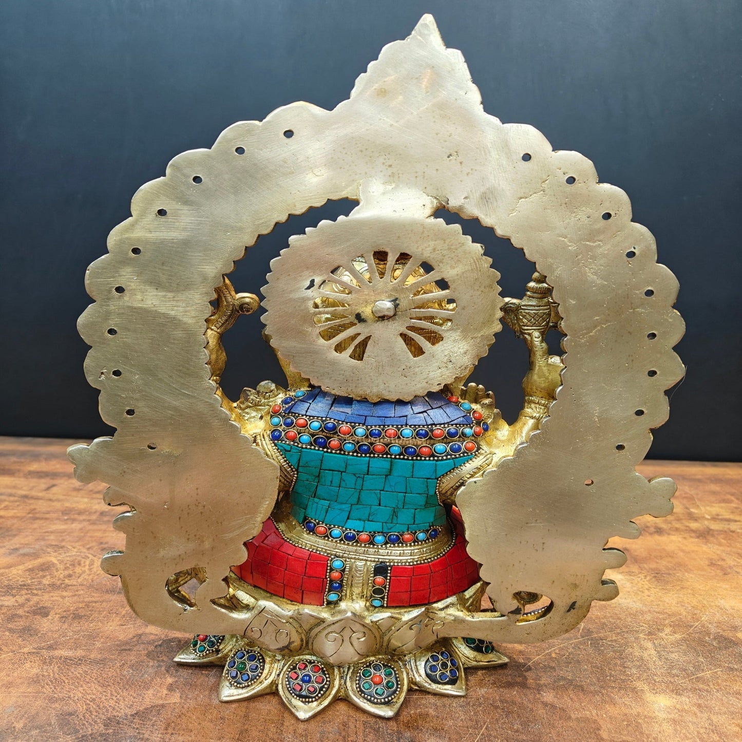 Brass Ganesha Idol Sitting On Lotus Base With Stone Work 16 Inch