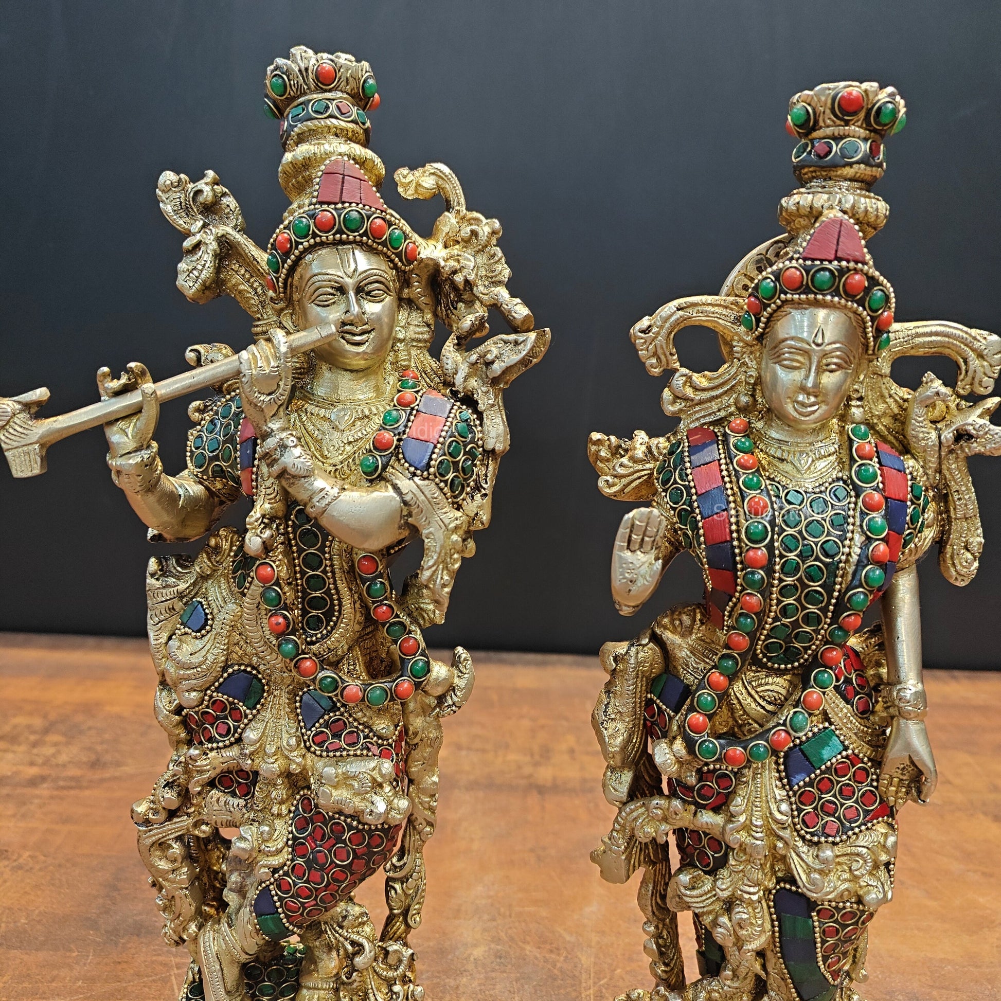 Brass Radha Krishna Statue Stone Work 14 Inches - Image 2