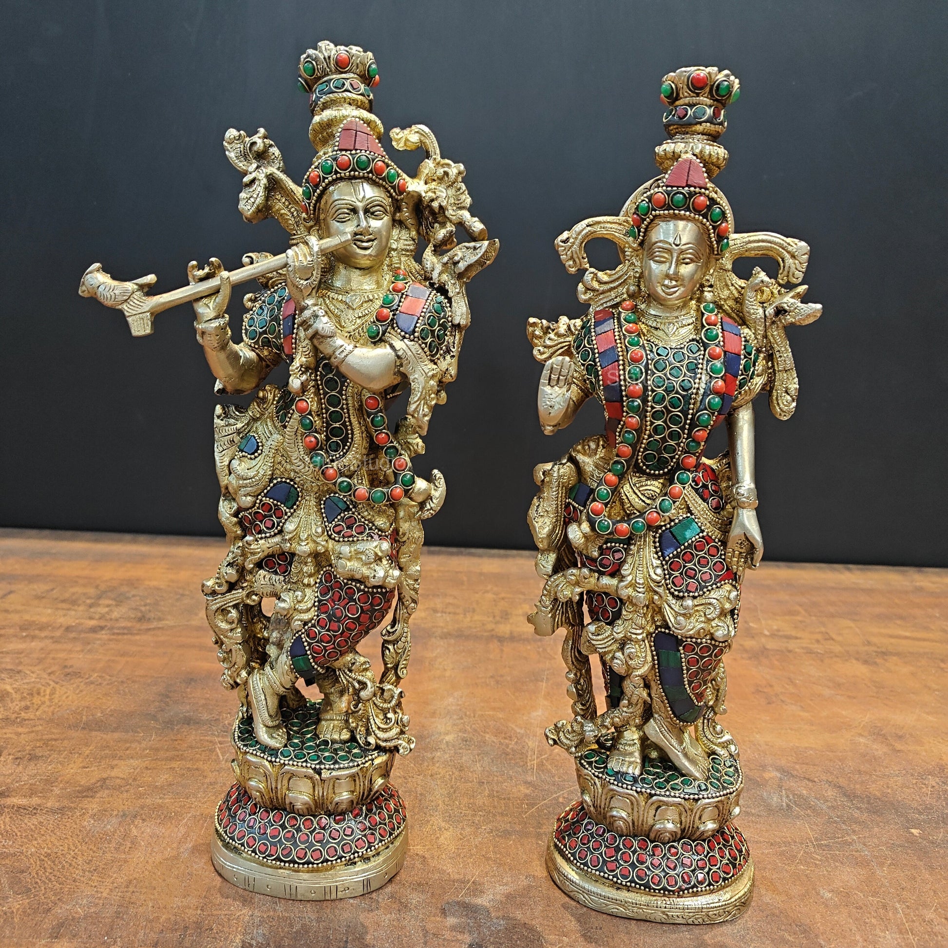 Brass Radha Krishna Statue Stone Work 14 Inches - Image 3