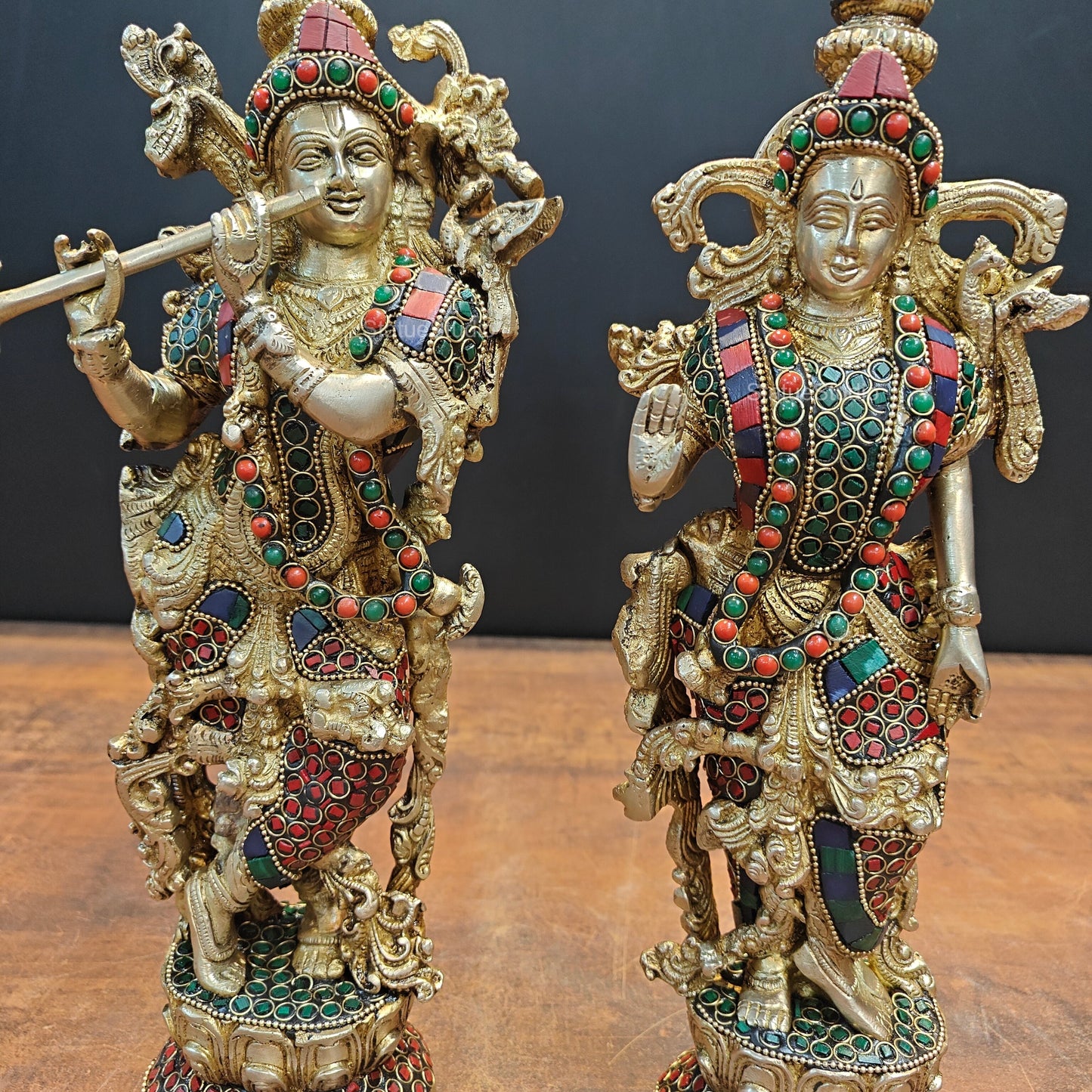 Brass Radha Krishna Statue Stone Work 14 Inches