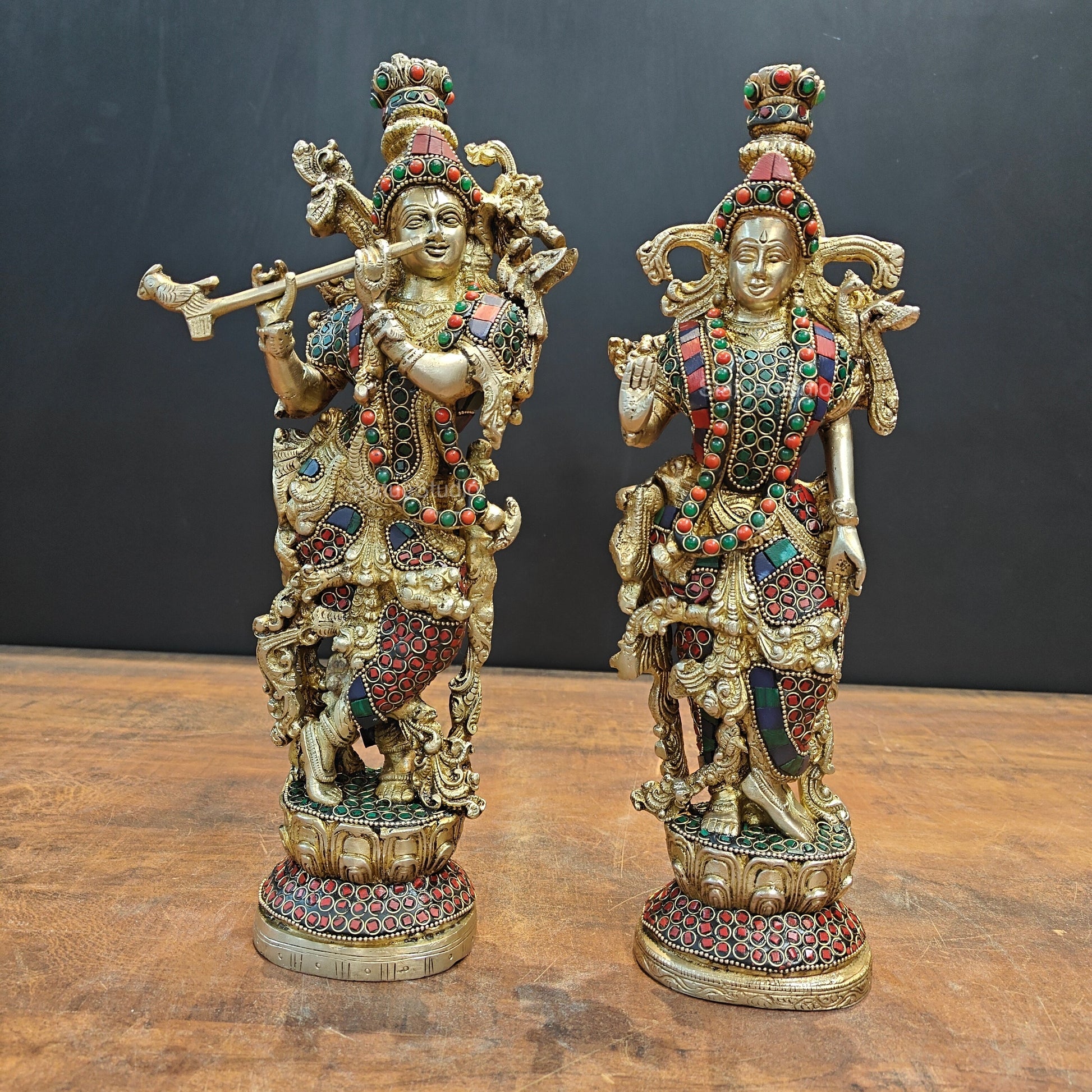 Brass Radha Krishna Statue Stone Work 14 Inches - Image 5