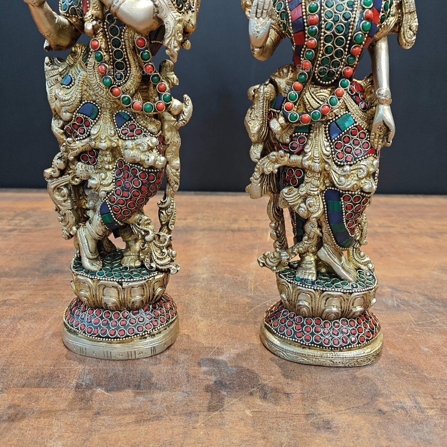 Brass Radha Krishna Statue Stone Work 14 Inches