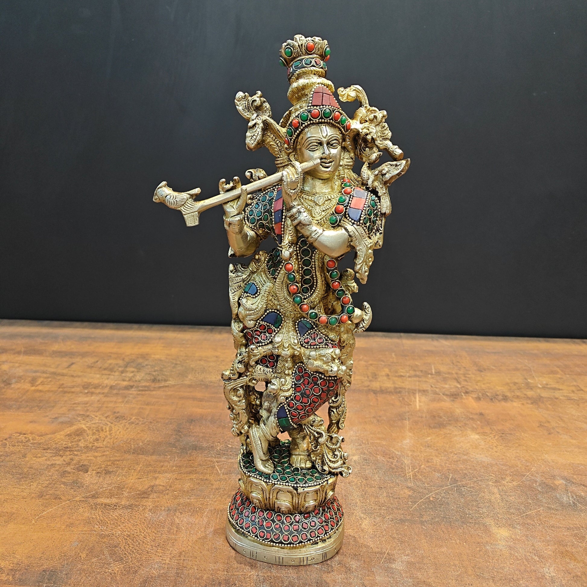 Brass Krishna Statue Stone Work 14 Inch - Image 3