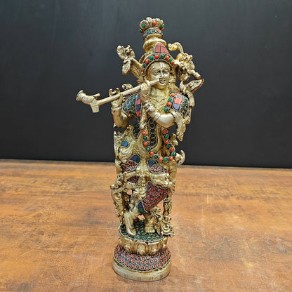 Brass Krishna Statue Stone Work 14 Inch by vendor-unknown - Hindu Gods (View 3)