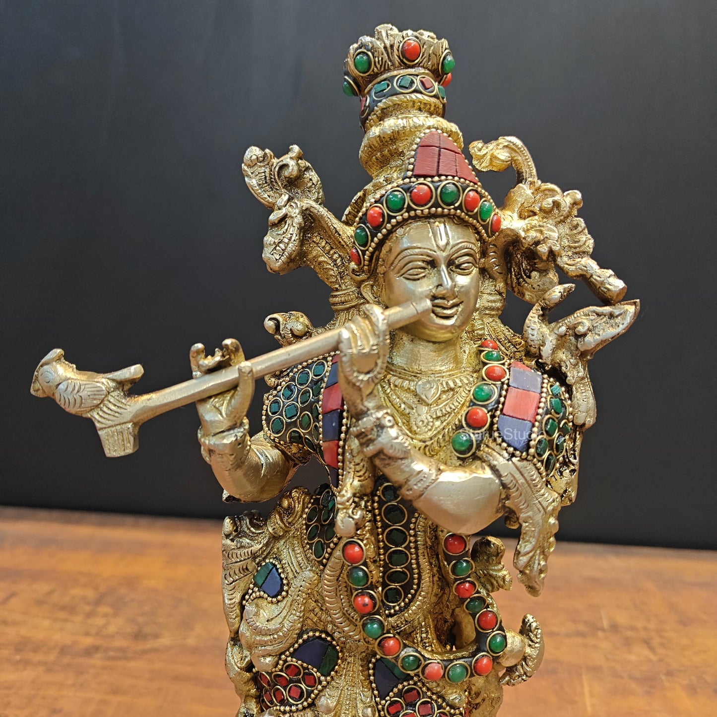 Brass Krishna Statue Stone Work 14 Inch