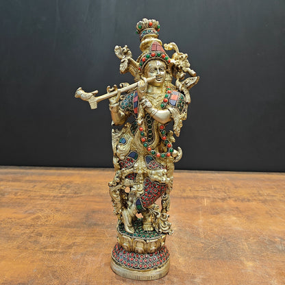 Brass Krishna Statue Stone Work 14 Inch by vendor-unknown - Hindu Gods