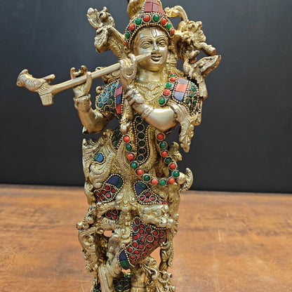 Brass Krishna Statue Stone Work 14 Inch by vendor-unknown - Hindu Gods (View 6)