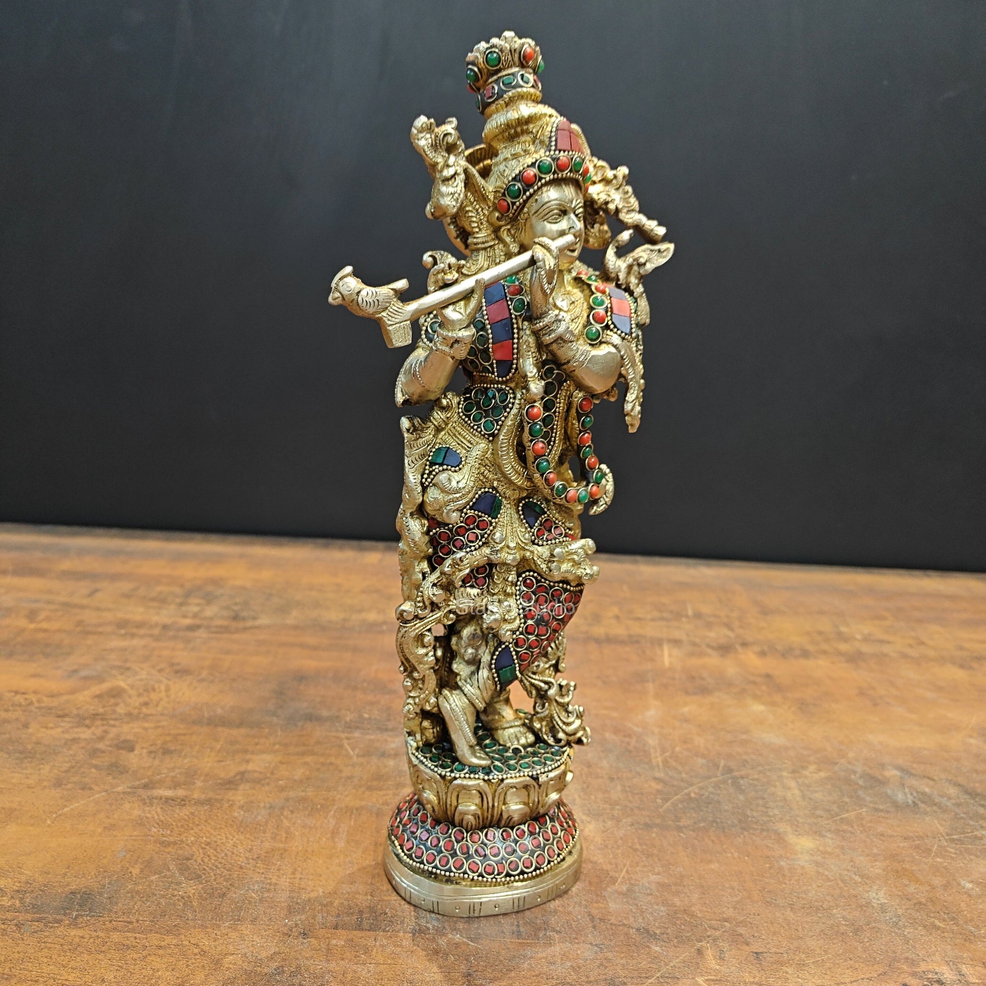 Brass Krishna Statue Stone Work 14 Inch - Image 4