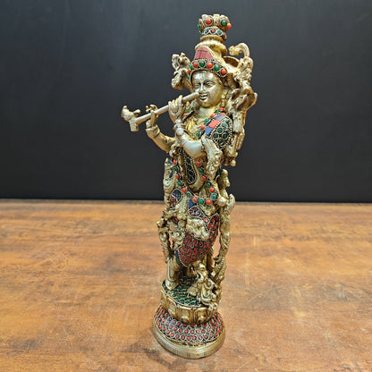 Brass Krishna Statue Stone Work 14 Inch by vendor-unknown - Hindu Gods (View 5)