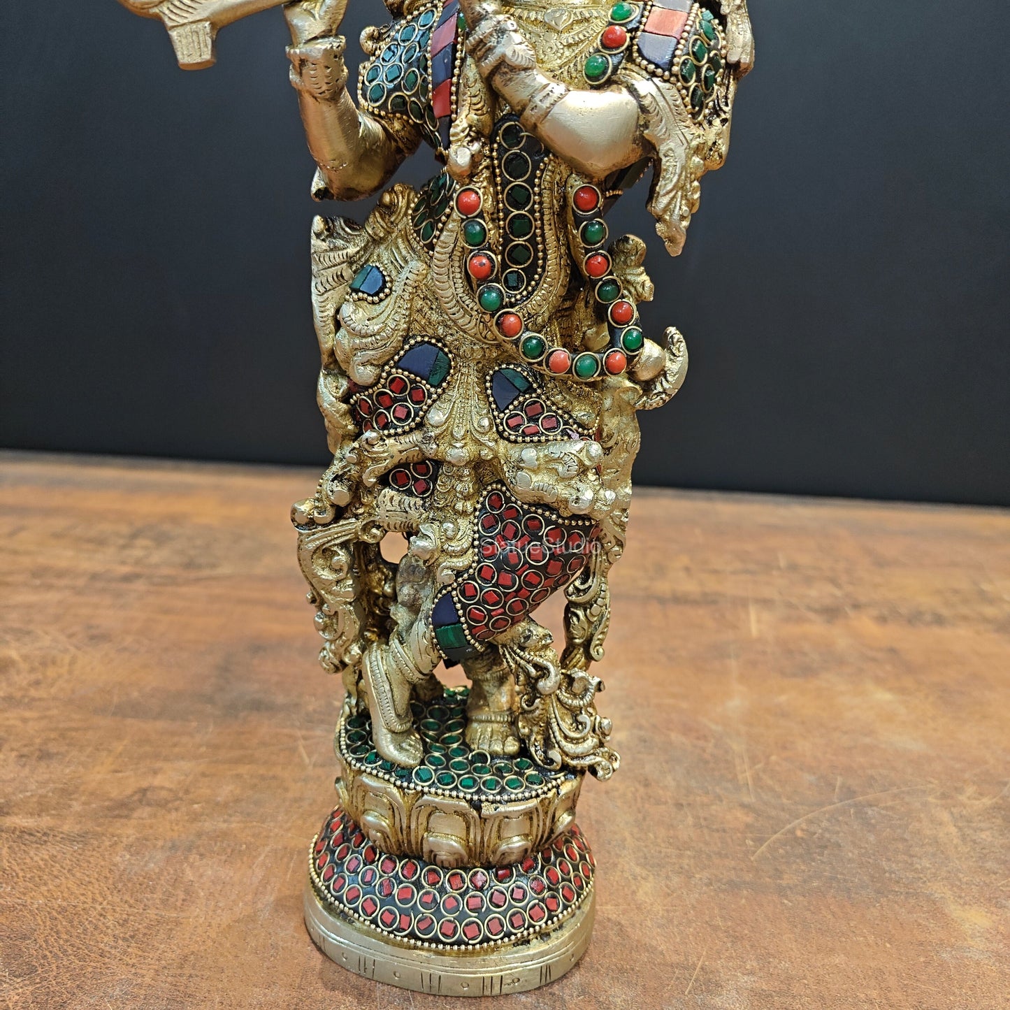 Brass Krishna Statue Stone Work 14 Inch