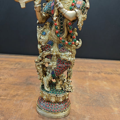 Brass Krishna Statue Stone Work 14 Inch by vendor-unknown - Hindu Gods (View 7)