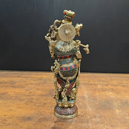 Brass Krishna Statue Stone Work 14 Inch by vendor-unknown - Hindu Gods (View 8)