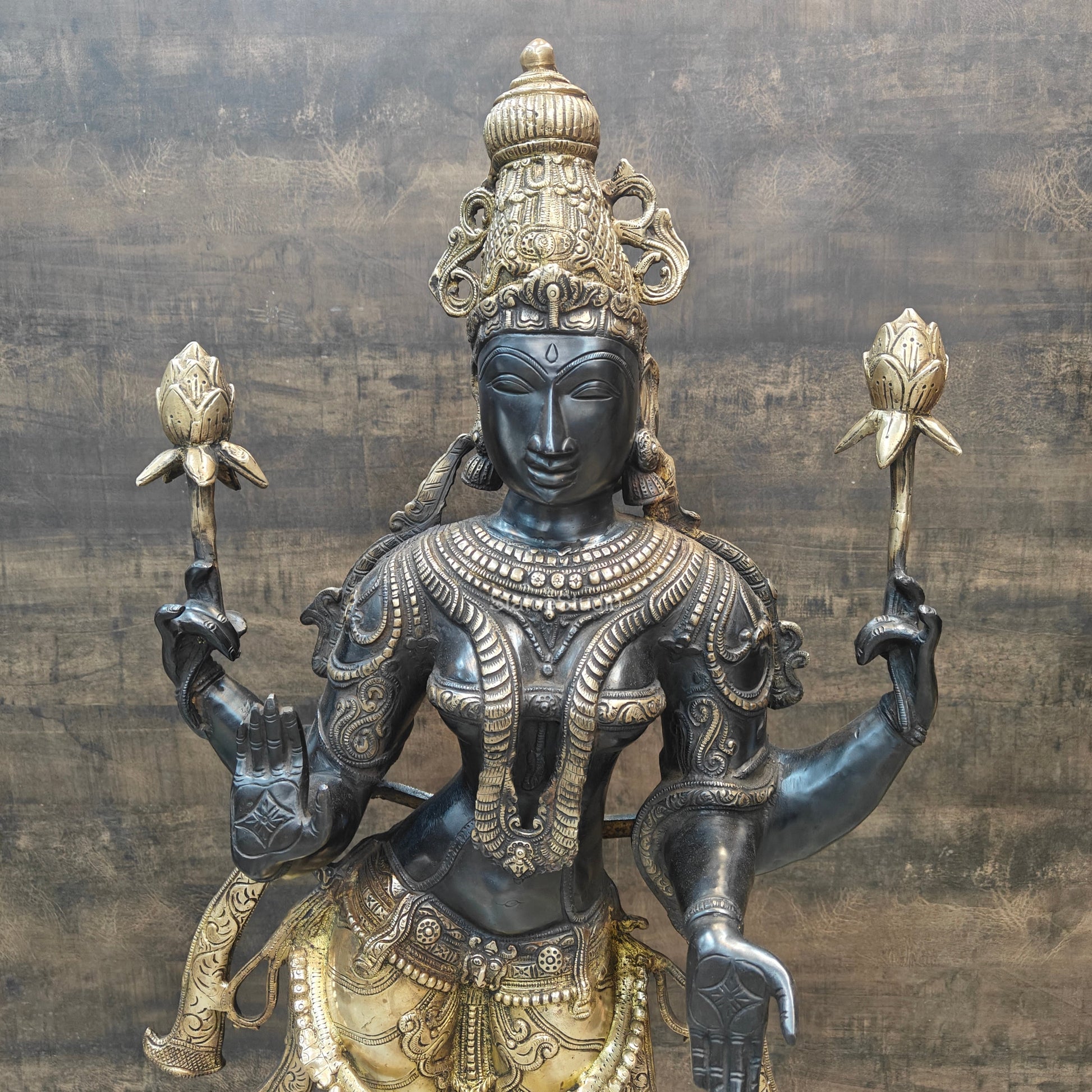 Brass Goddess Lakshmi Statue Antique Patina Finish 38 Inches - Image 2