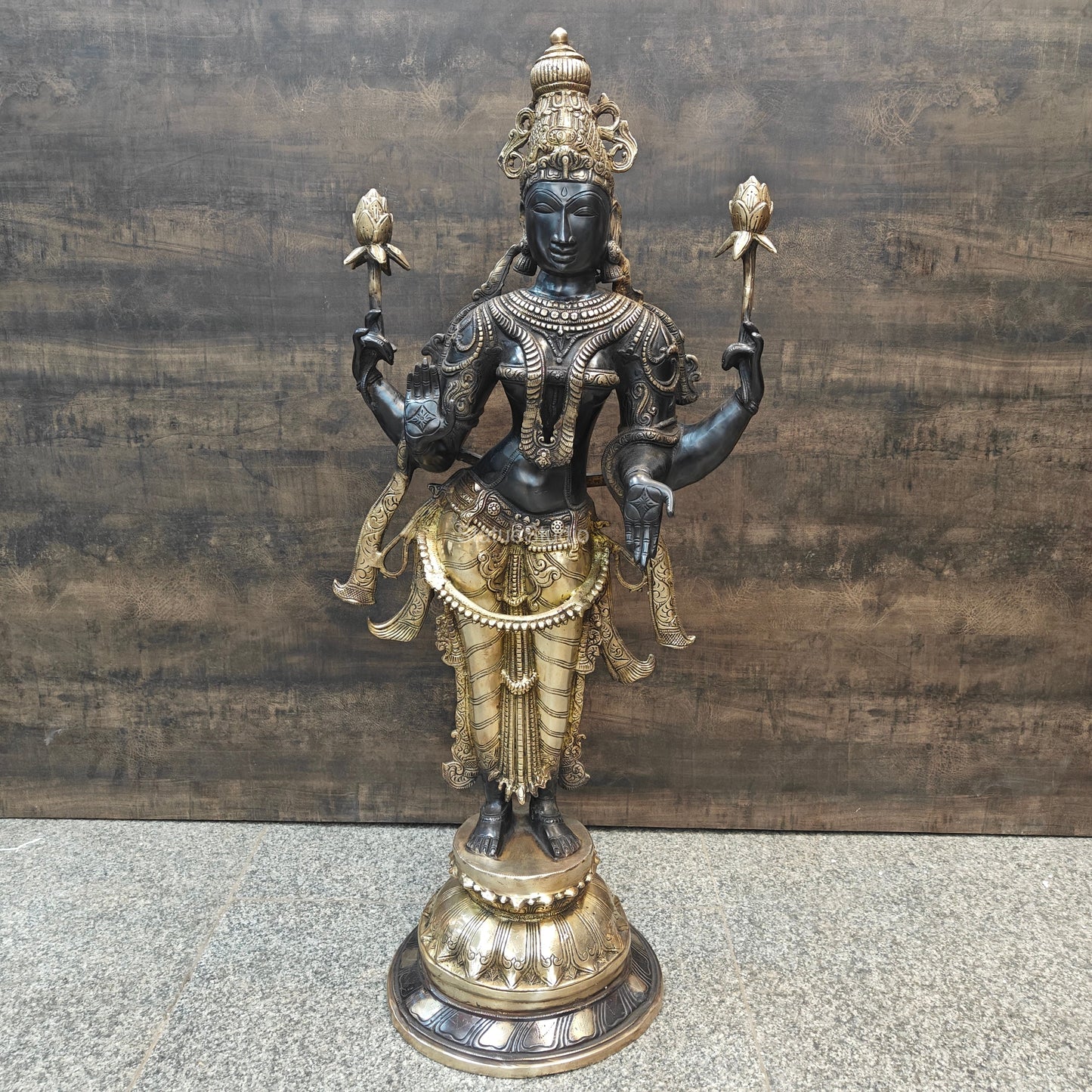 Brass Goddess Lakshmi Statue Antique Patina Finish 38 Inches