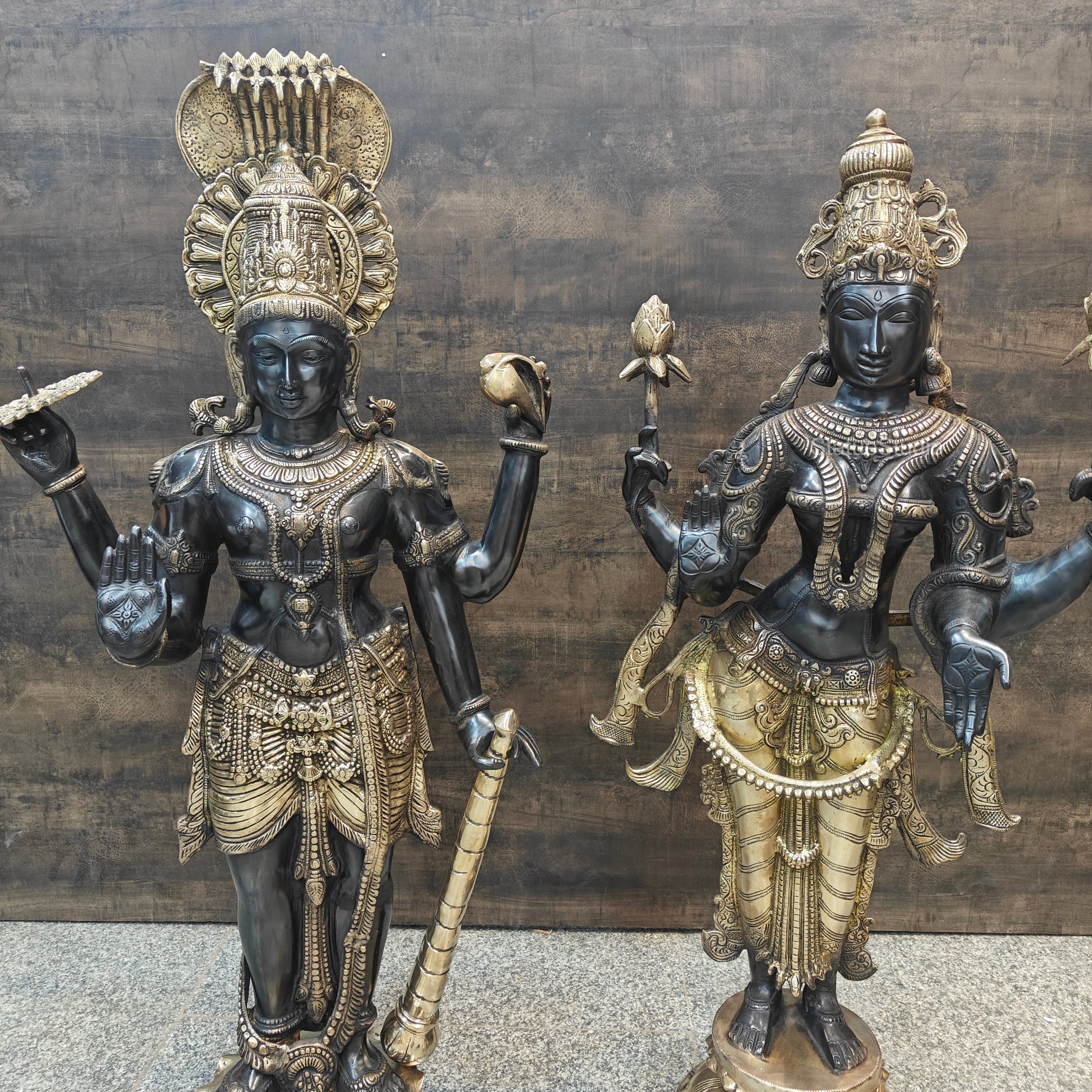 Brass Vishnu Lakshmi Statue Antique Patina Finish 41 Inches - Image 2