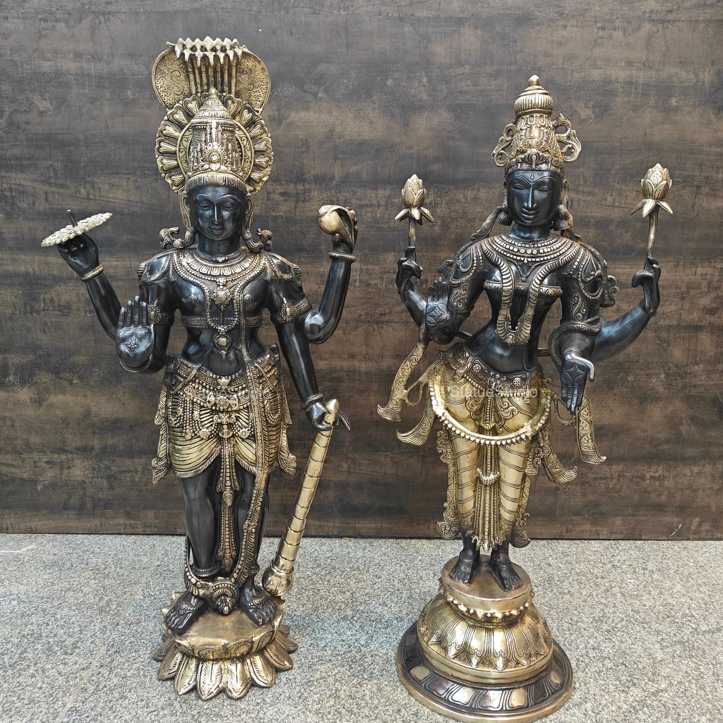 Brass Vishnu Lakshmi Statue Antique Patina Finish 41 Inches