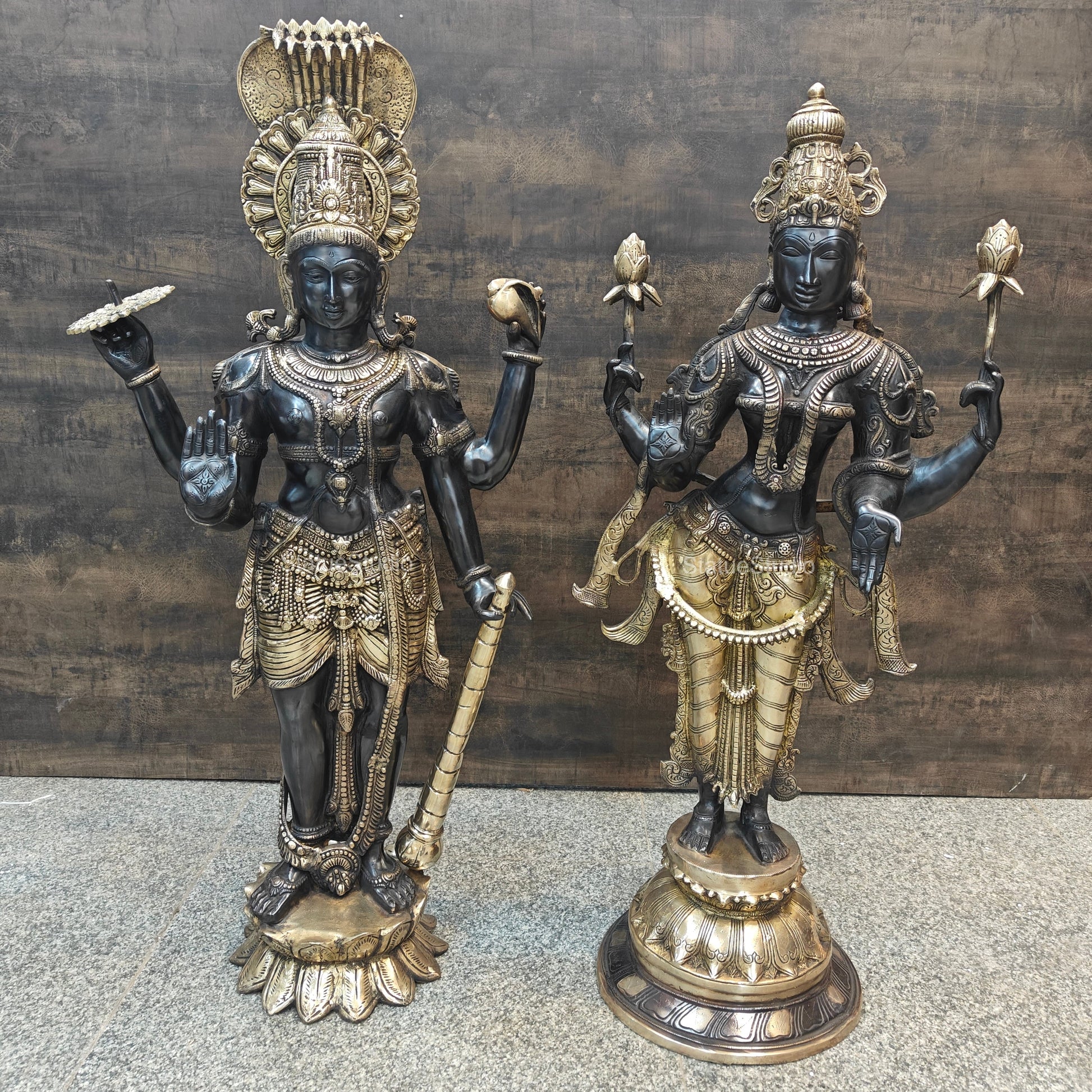 Brass Vishnu Lakshmi Statue Antique Patina Finish 41 Inches - Image 4