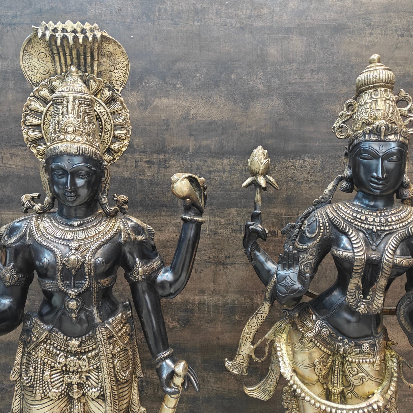 Brass Vishnu Lakshmi Statue Antique Patina Finish 41 Inches