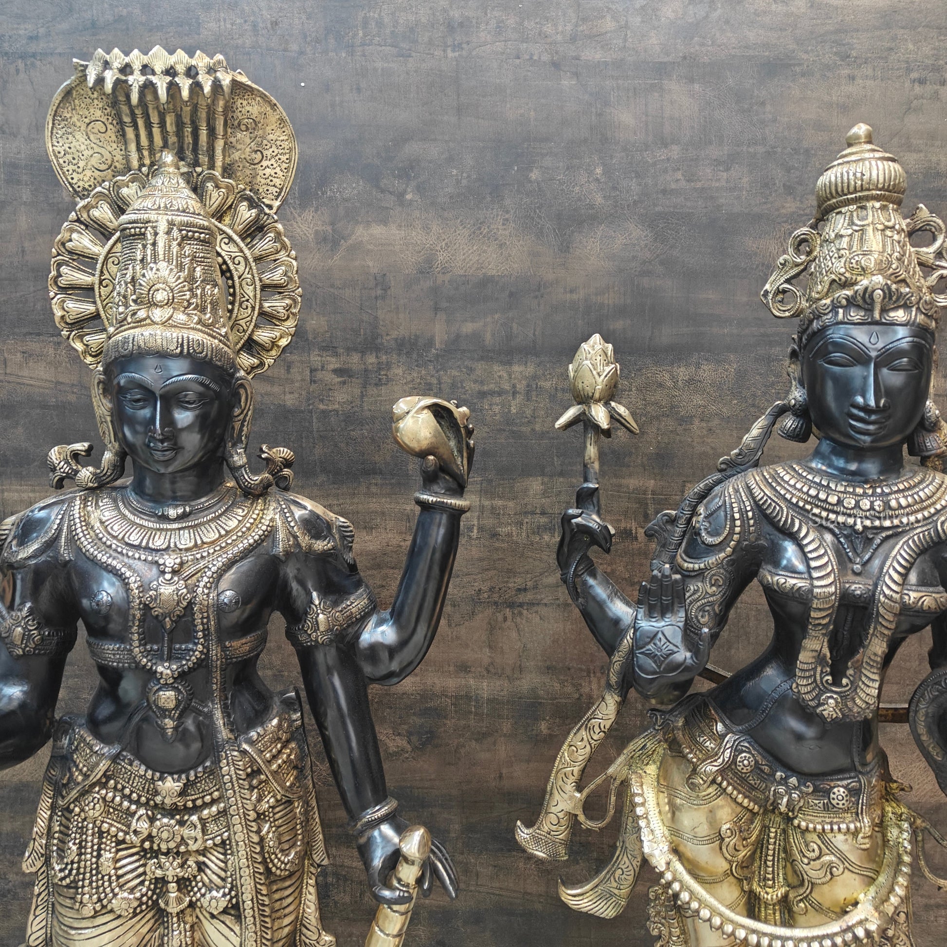 Brass Vishnu Lakshmi Statue Antique Patina Finish 41 Inches - Image 5
