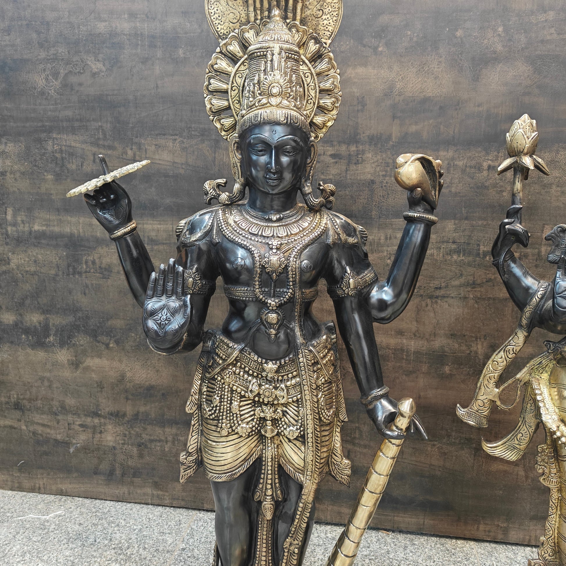 Brass Vishnu Lakshmi Statue Antique Patina Finish 41 Inches - Image 6