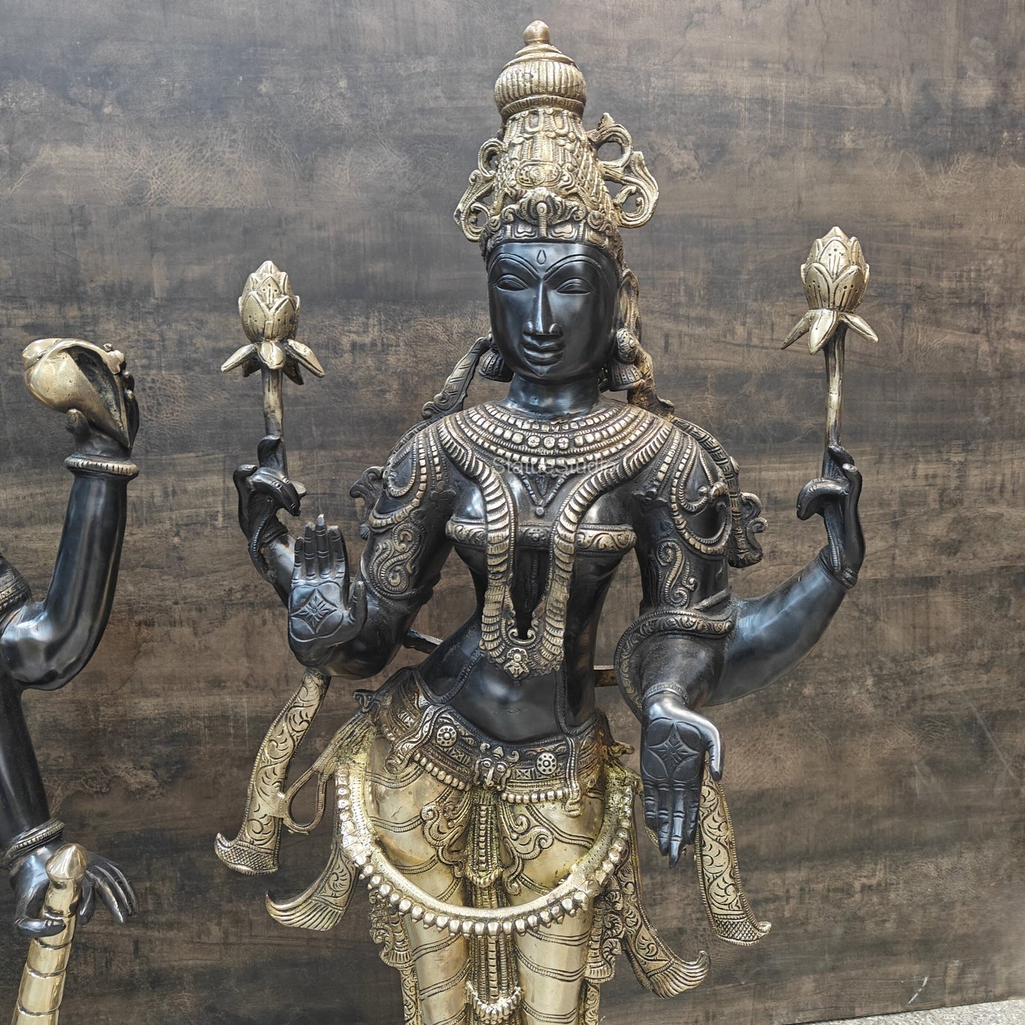 Brass Vishnu Lakshmi Statue Antique Patina Finish 41 Inches