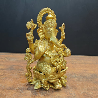 Brass Ganpati Idol Sitting On Lotus Base 12.5 Inch by vendor-unknown - Hindu Gods (View 5)