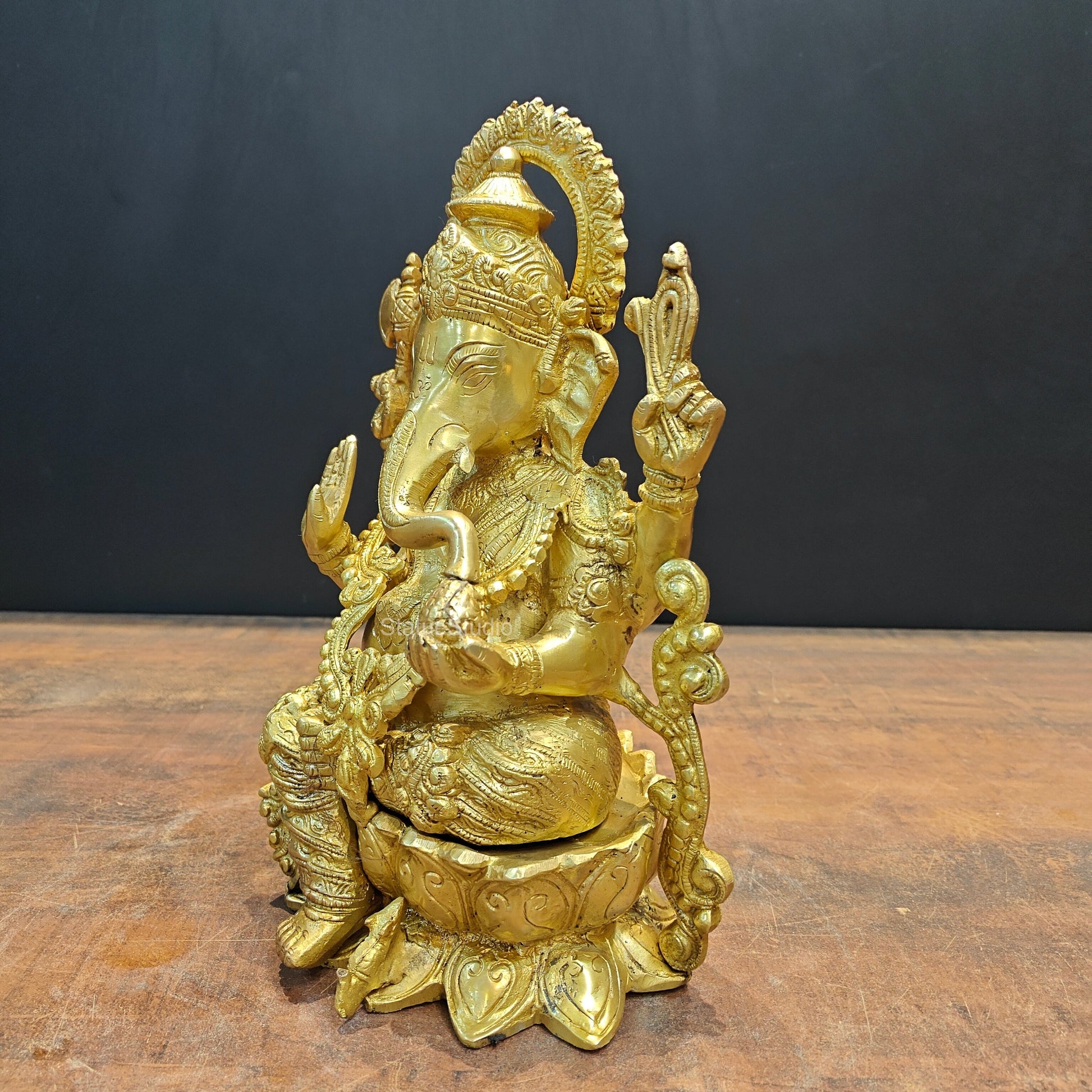Brass Ganpati Idol Sitting On Lotus Base 12.5 Inch - Image 6