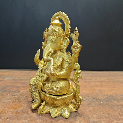 Brass Ganpati Idol Sitting On Lotus Base 12.5 Inch by vendor-unknown - Hindu Gods (View 6)