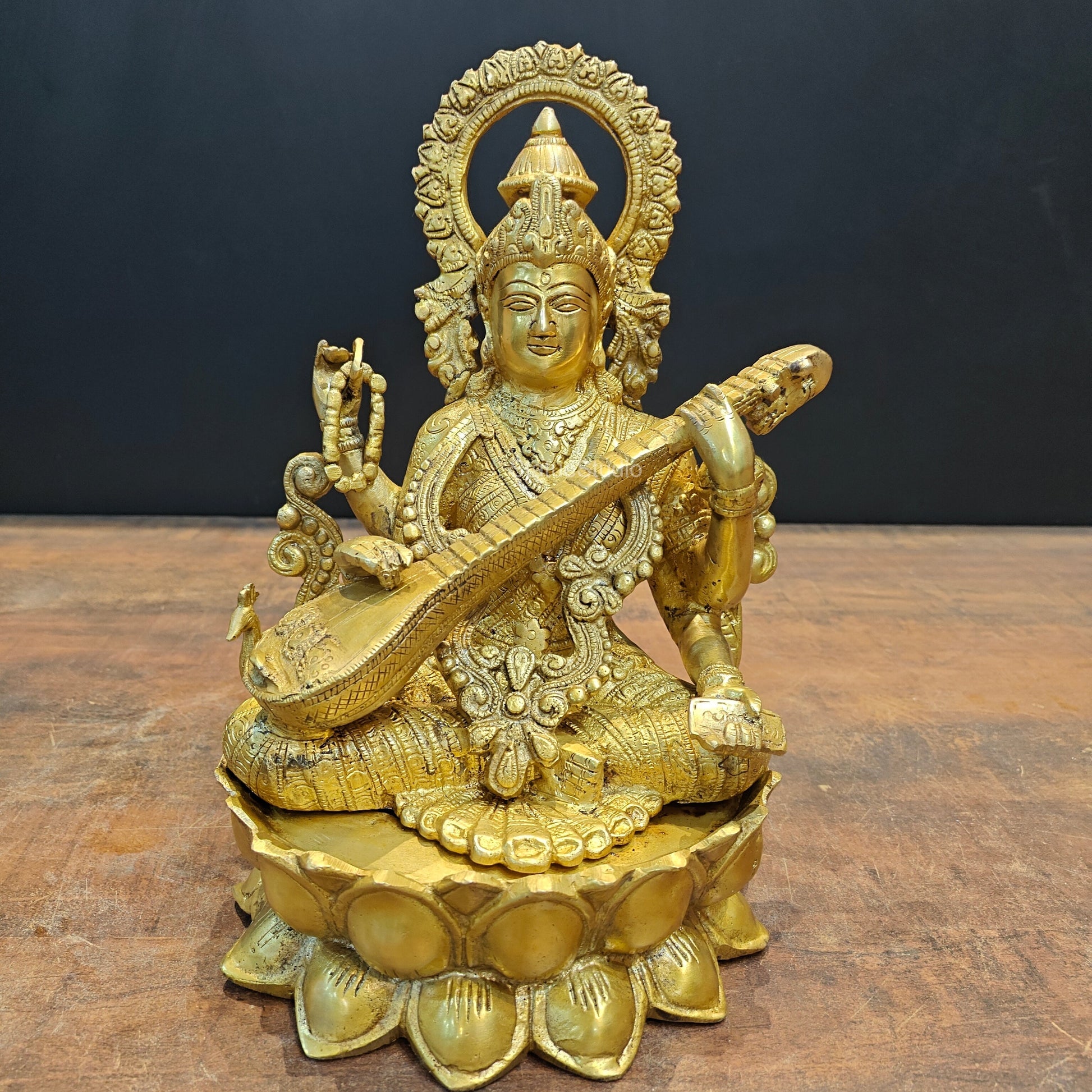 Brass Goddess Saraswati Idol Sitting On Lotus Base 1 Feet - Image 3