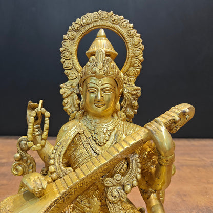Brass Goddess Saraswati Idol Sitting On Lotus Base 1 Feet by vendor-unknown - Hindu Gods (View 2)